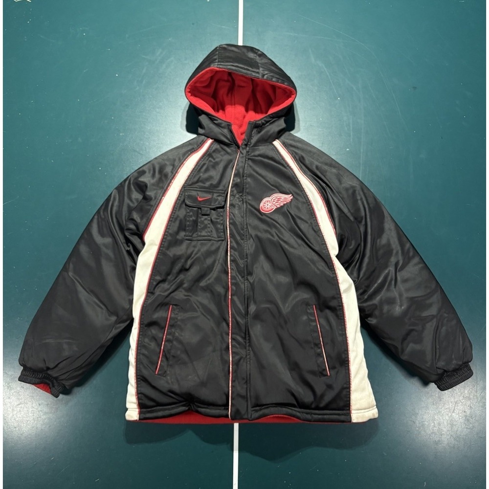 Vtg Nike Detroit Red Wings Reversible Jacket Youth Large Puffer Fleece Hooded